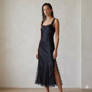 GINIA S 100% silk Black Eyelet Lace Slip Dress Tank top Intimate Midi Chemise